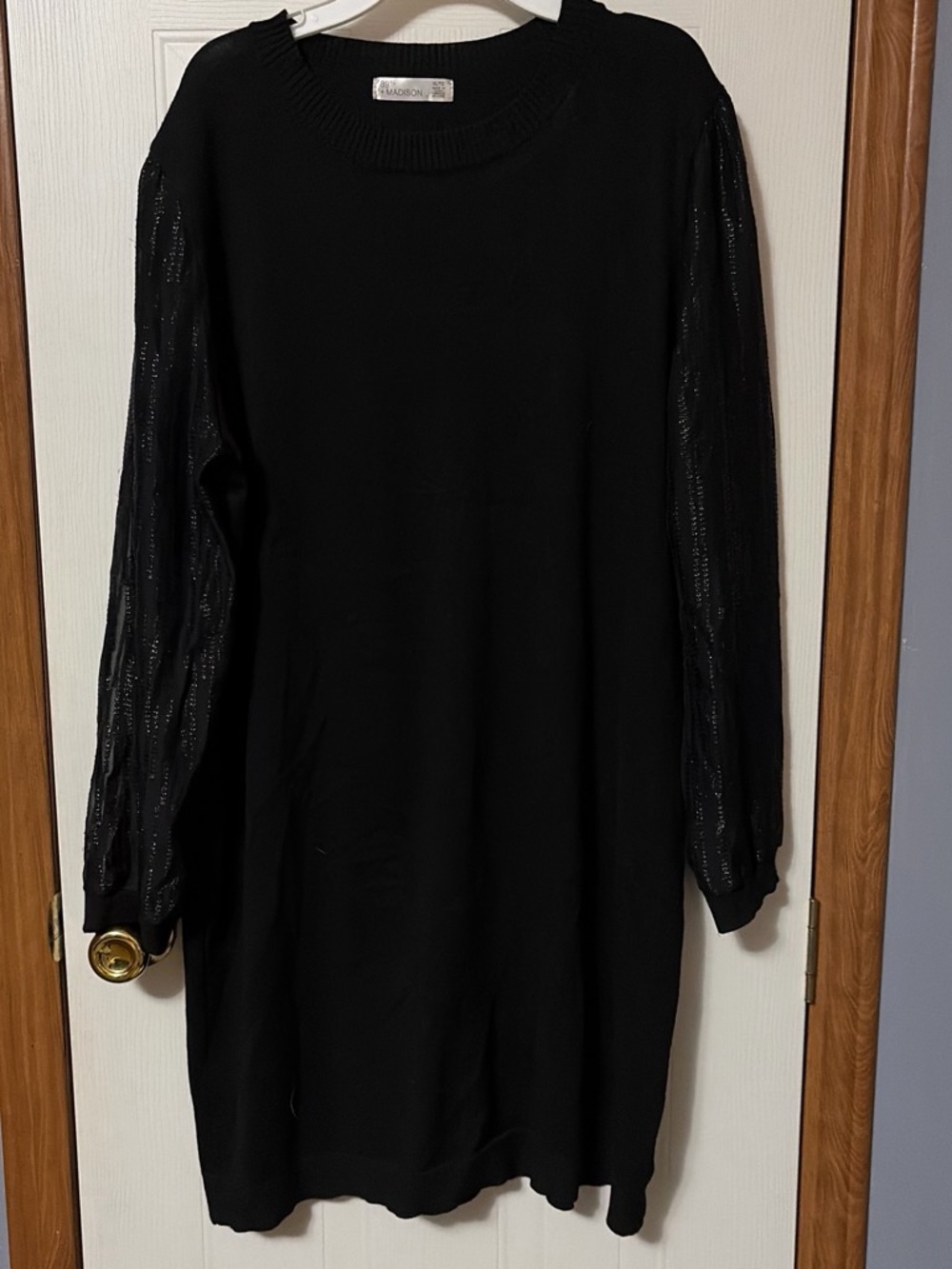 89th & Madison Black Long-Sleeve Sweater Dress with Sheer Paneled Sleeves